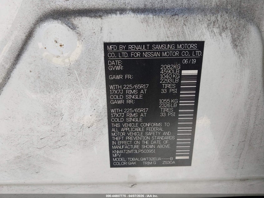 2020 Nissan Rogue VIN KNMAT2MT3LP503951 IAAI salvage auction — FRONT END, Salvage (Georgia), sold $2,350 on 2026-07-15 (photo 9)