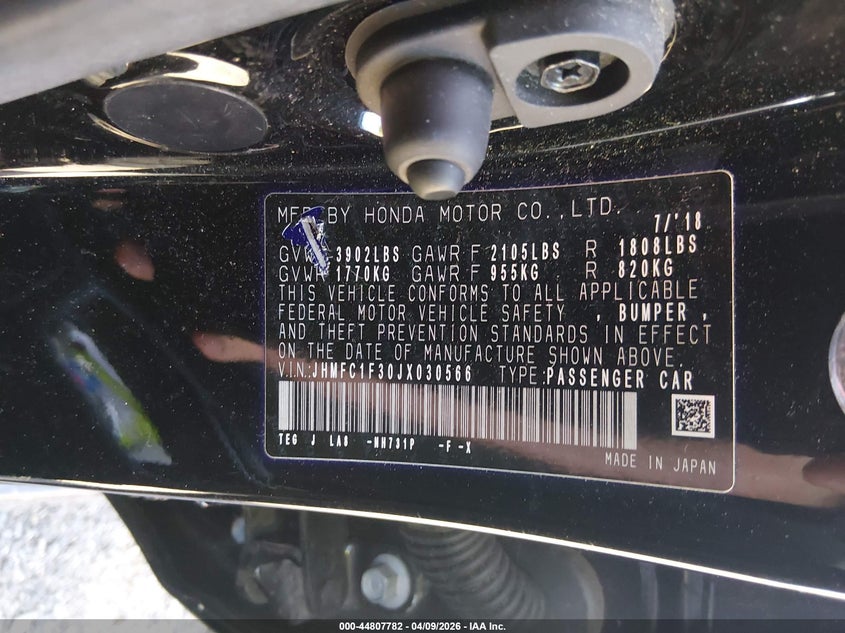 2018 Honda Civic VIN JHMFC1F30JX030566 IAAI salvage auction — FRONT END, Salvage Title, sold $25 on 2026-07-21 (photo 8)