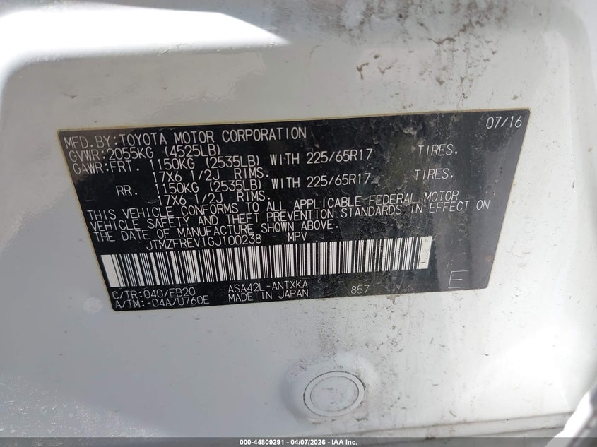 2016 Toyota Rav 4 VIN JTMZFREV1GJ100238 IAAI salvage auction — FRONT END, Clear (Indiana), sold $6,650 on 2026-07-15 (photo 9)