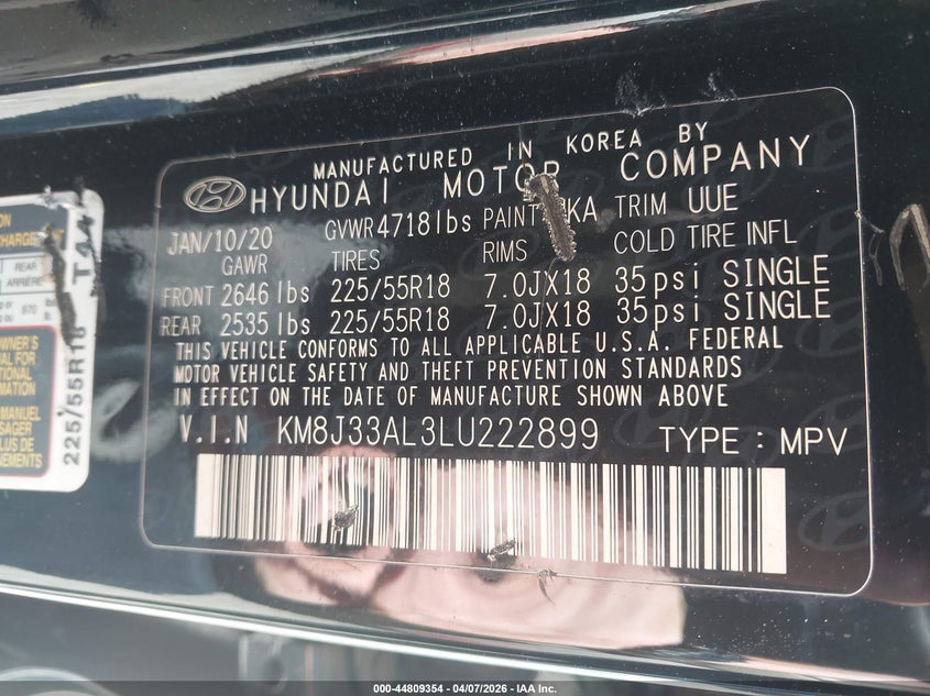 2020 Hyundai Tucson VIN KM8J33AL3LU222899 IAAI salvage auction — FRONT END, Salvage Title, sold $1,600 on 2026-07-23 (photo 9)
