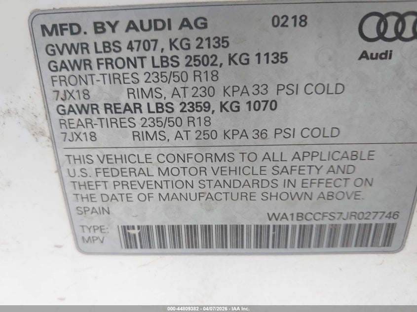 2018 Audi Q3 VIN WA1BCCFS7JR027746 IAAI salvage auction — FRONT END, Original (Texas), sold $2,125 on 2026-07-15 (photo 9)