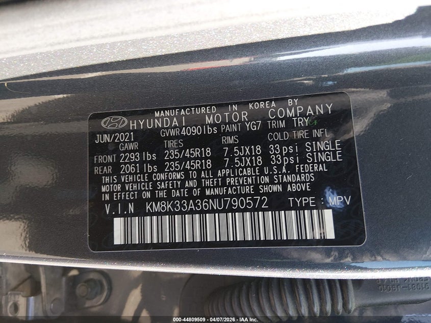 2022 Hyundai Kona VIN KM8K33A36NU790572 IAAI salvage auction — REAR END, Clear (Tennessee), sold $1,250 on 2026-07-28 (photo 9)