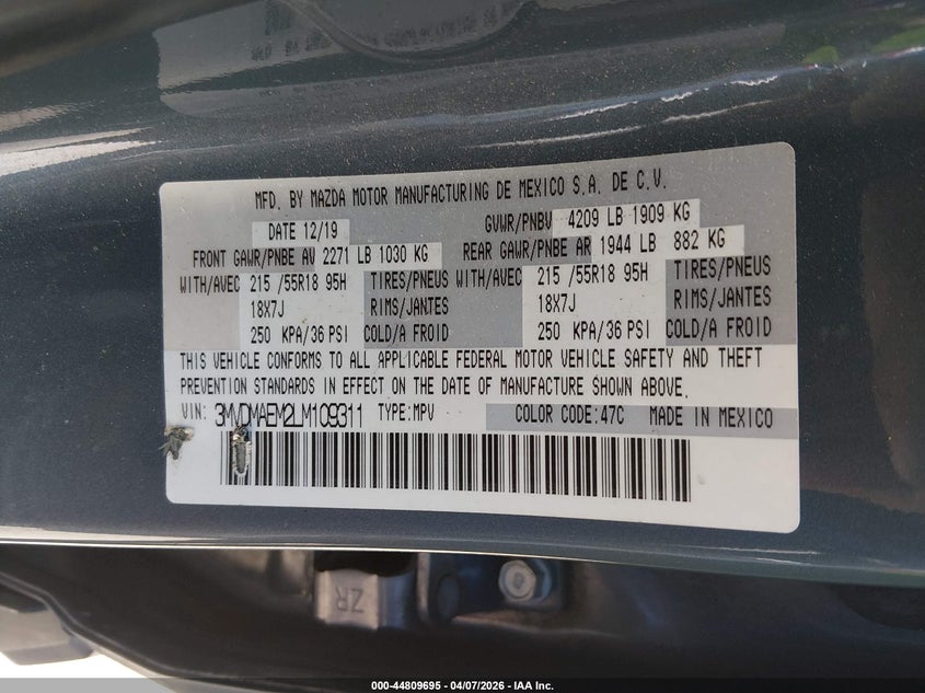 2020 Mazda Cx-30 VIN 3MVDMAEM2LM109311 IAAI salvage auction — FRONT END, Salvage (Mississippi), sold $4,450 on 2026-07-28 (photo 9)