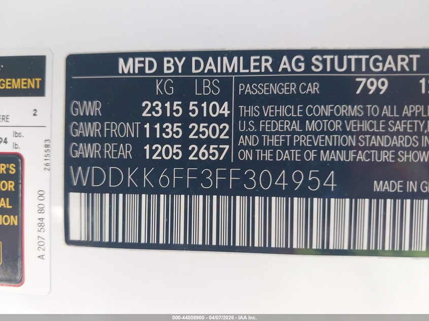 2015 Mercedes-benz E-klasse VIN WDDKK6FF3FF304954 IAAI salvage auction — FRONT END, Salvage Title, sold $2,650 on 2026-07-13 (photo 9)