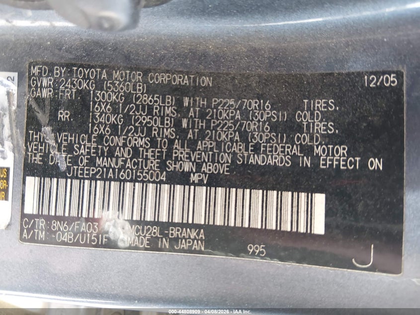 2006 Toyota Highlander VIN JTEEP21A160155004 IAAI salvage auction — RIGHT FRONT, Salvage (South Carolina), sold $925 on 2026-07-08 (photo 9)