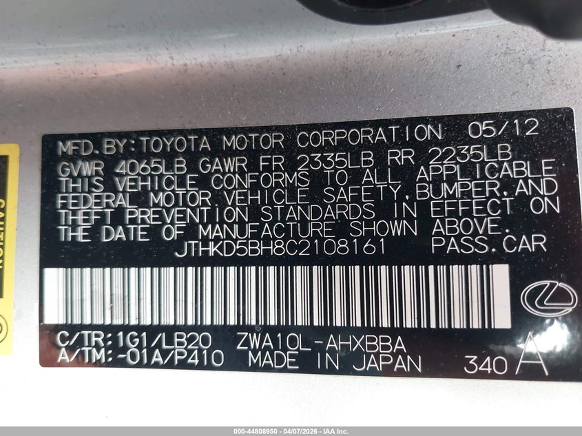 2012 Lexus Ct VIN JTHKD5BH8C2108161 IAAI salvage auction — FRONT END, Salvage (California), sold $1,100 on 2026-07-31 (photo 9)