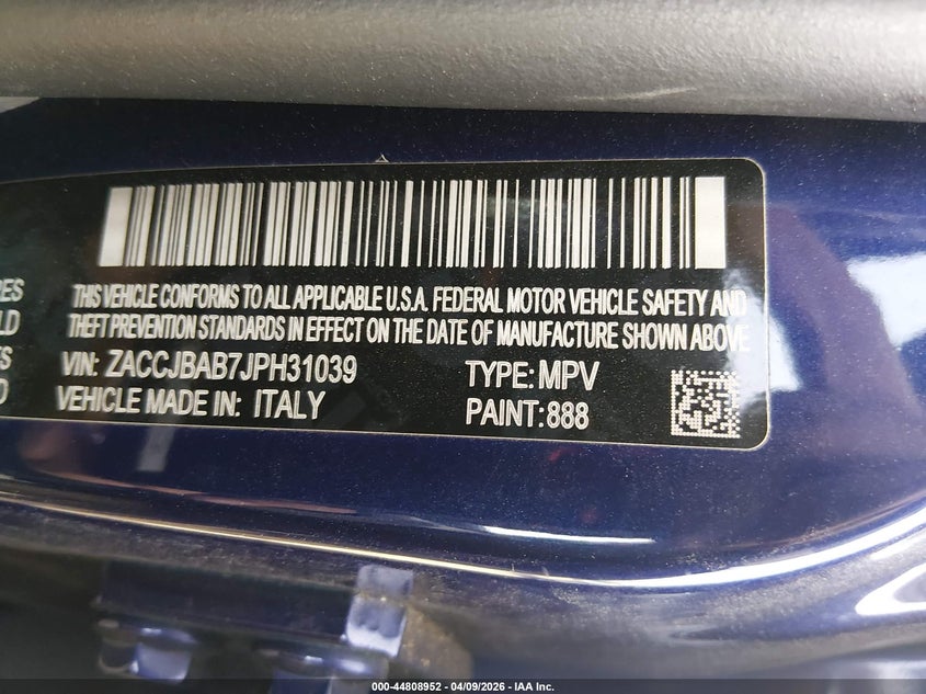 2018 Jeep Renegade VIN ZACCJBAB7JPH31039 IAAI salvage auction — ROLLOVER, Salvage Title, sold $100 on 2026-07-22 (photo 9)