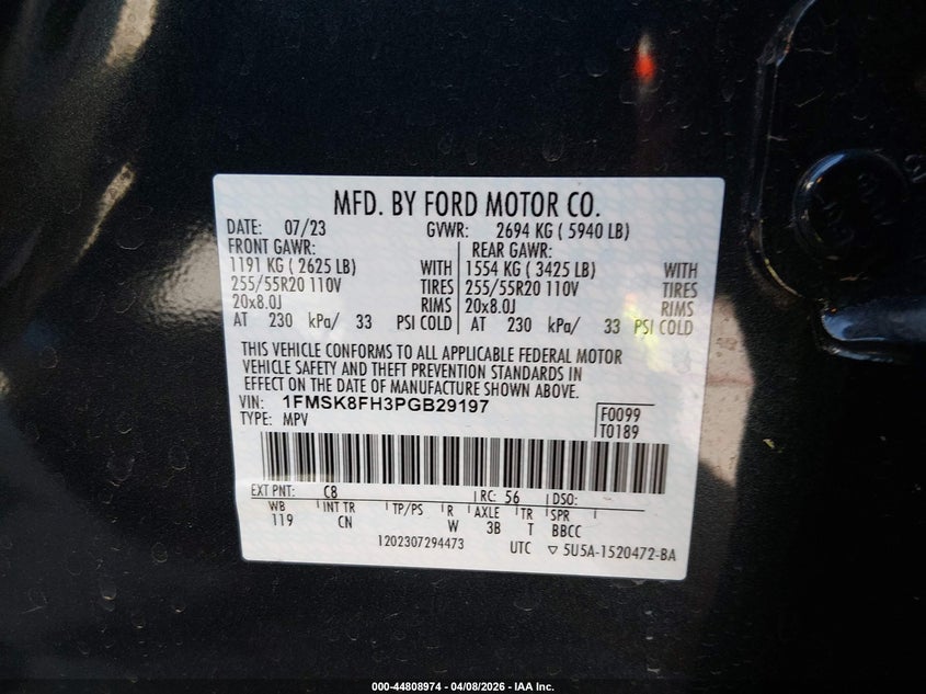 2023 Ford Explorer VIN 1FMSK8FH3PGB29197 IAAI salvage auction — FRONT END, Salvage Title, sold $12,600 on 2026-07-05 (photo 9)