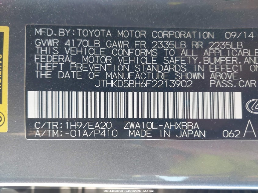 2015 Lexus Ct 200h VIN JTHKD5BH6F2213902 IAAI salvage auction — LEFT FRONT, Wait Title, sold $3,550 on 2026-07-27 (photo 9)