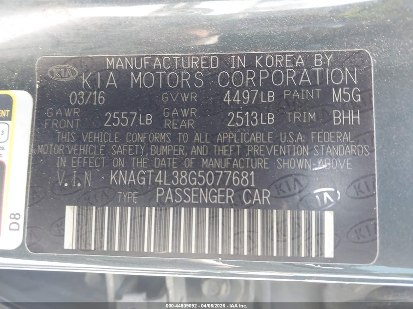 2016 Kia Optima VIN KNAGT4L38G5077681 IAAI salvage auction — RIGHT FRONT, Salvage Title, sold $700 on 2026-07-24 (photo 9)
