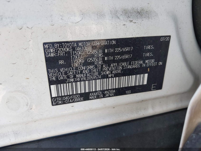 2020 Toyota Rav 4 VIN JTMK1RFV9LD059574 IAAI salvage auction — FRONT & REAR, Salvage (California), sold $3,450 on 2026-07-30 (photo 9)