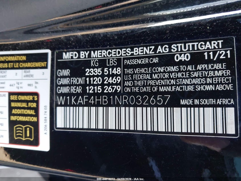 2022 Mercedes-benz C-klasse VIN W1KAF4HB1NR032657 IAAI salvage auction — FRONT & REAR, Salvage Title, sold $13,300 on 2026-07-28 (photo 9)