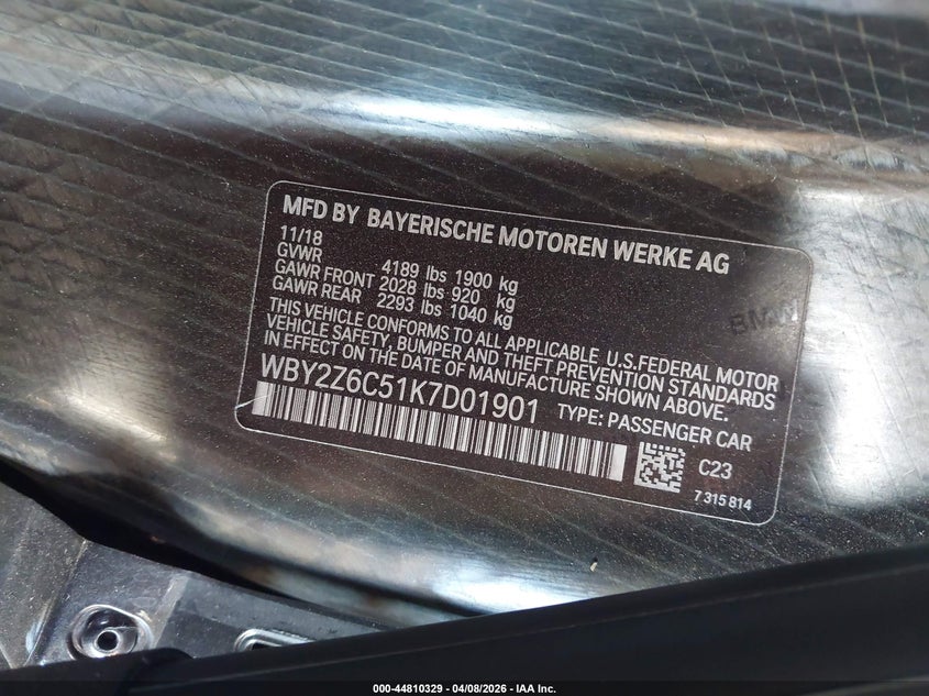 2019 BMW I8 VIN WBY2Z6C51K7D01901 IAAI salvage auction — UNKNOWN, Salvage Title, sold $25,250 on 2026-07-29 (photo 9)