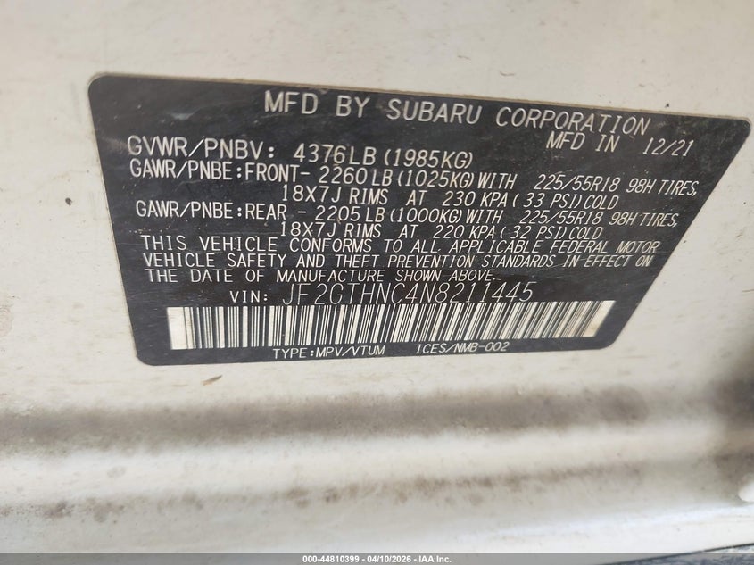 2022 Subaru Xv VIN JF2GTHNC4N8211445 IAAI salvage auction — RIGHT FRONT, Salvage (Texas), sold $2,300 on 2026-07-30 (photo 9)