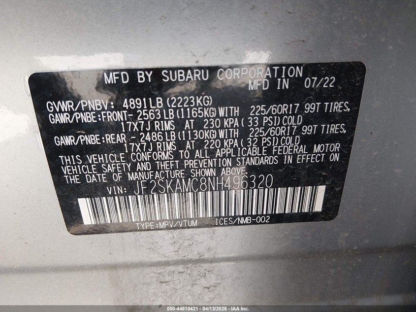 2022 Subaru Forester VIN JF2SKAMC8NH496320 IAAI salvage auction — FRONT END, Salvage (Colorado), sold $2,350 on 2026-07-07 (photo 9)