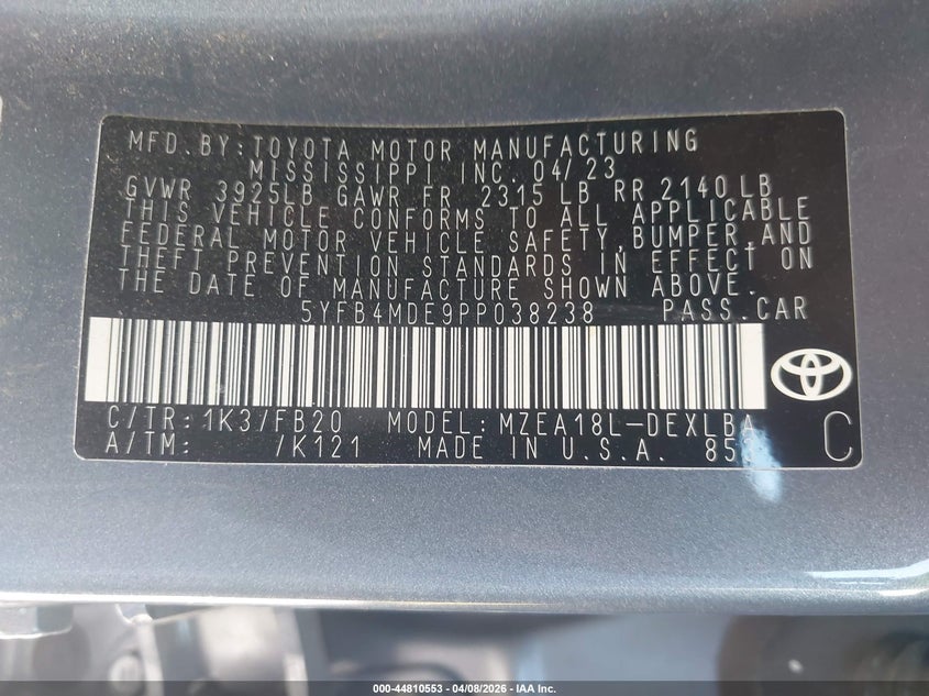 2023 Toyota Corolla VIN 5YFB4MDE9PP038238 IAAI salvage auction — LEFT FRONT, Salvage (California), sold $2,675 on 2026-07-15 (photo 9)