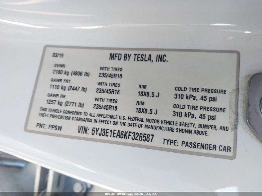 2019 Tesla Model 3 VIN 5YJ3E1EA6KF326587 IAAI salvage auction — FRONT END, Salvage Title, sold $5,500 on 2026-07-06 (photo 9)
