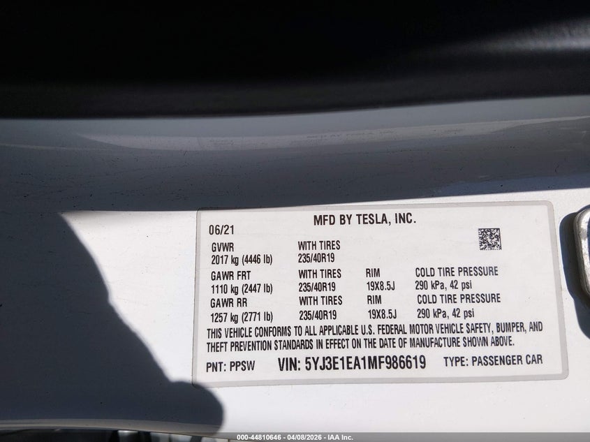 2021 Tesla Model 3 VIN 5YJ3E1EA1MF986619 IAAI salvage auction — FRONT & REAR, Salvage (Kentucky), sold $3,975 on 2026-07-09 (photo 9)