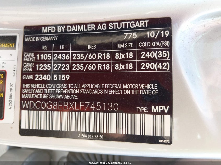 2020 Mercedes-benz Glc VIN WDC0G8EBXLF745130 IAAI salvage auction — FRONT END, Salvage Title, sold $4,950 on 2026-07-15 (photo 9)