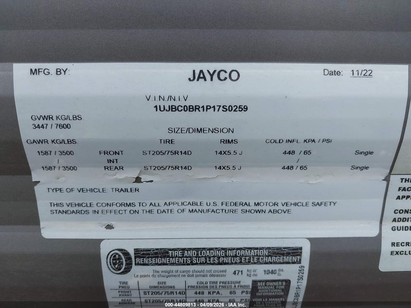 2023 Jayco Other VIN 1UJBC0BR1P17S0259 IAAI salvage auction — HAIL, Original (Texas), sold $9,050 on 2026-07-13 (photo 9)