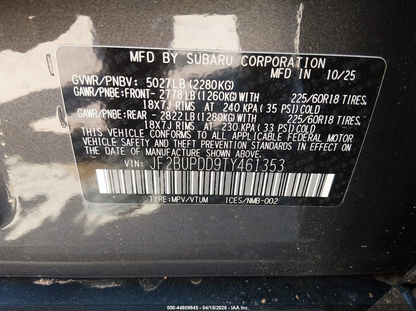 2026 Subaru Outback VIN JF2BUPDD9TY461353 IAAI salvage auction — SIDE, Salvage Title, sold $4,800 on 2026-07-09 (photo 9)