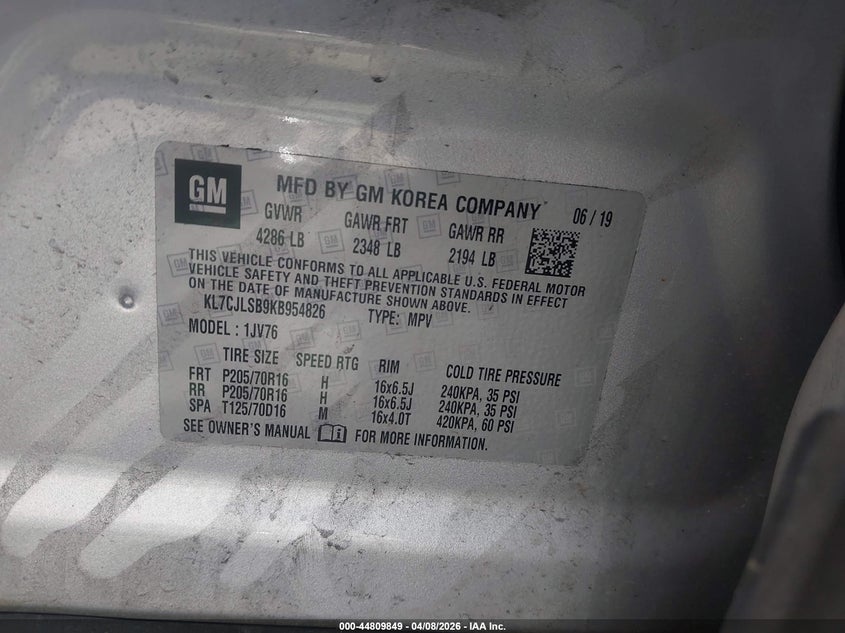 2019 Chevrolet Trax VIN KL7CJLSB9KB954826 IAAI salvage auction — REAR END, Salvage (Texas), sold $1,450 on 2026-07-07 (photo 9)