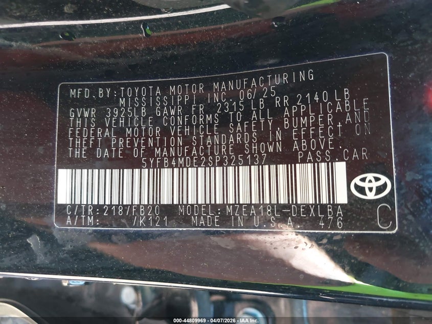 2025 Toyota Corolla VIN 5YFB4MDE2SP325137 IAAI salvage auction — LEFT FRONT, Salvage (Alabama), sold $2,150 on 2026-07-29 (photo 9)