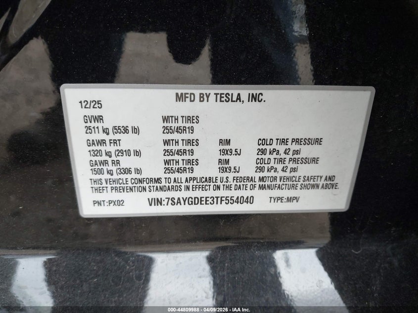 2026 Tesla Model y VIN 7SAYGDEE3TF554040 IAAI salvage auction — FRONT END, Salvage Title, sold $16,900 on 2026-08-29 (photo 9)