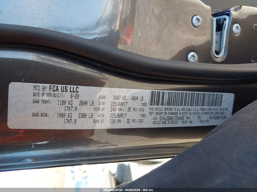 2020 Jeep Compass VIN 3C4NJDBB0LT234428 IAAI salvage auction — FRONT END, Salvage Title, sold $475 on 2026-08-24 (photo 9)