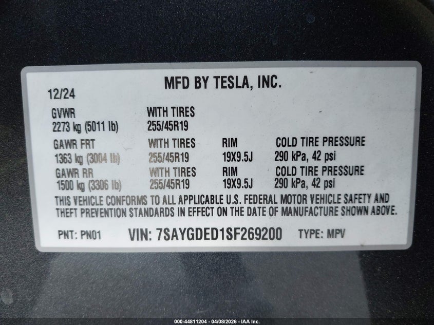 2025 Tesla Model y VIN 7SAYGDED1SF269200 IAAI salvage auction — FRONT END, Salvage Title, sold $6,100 on 2026-07-29 (photo 9)