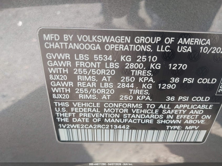 2024 Volkswagen Atlas cross sport VIN 1V2WE2CA2RC213442 IAAI salvage auction — FRONT END, Salvage Title, sold $8,225 on 2026-07-09 (photo 9)