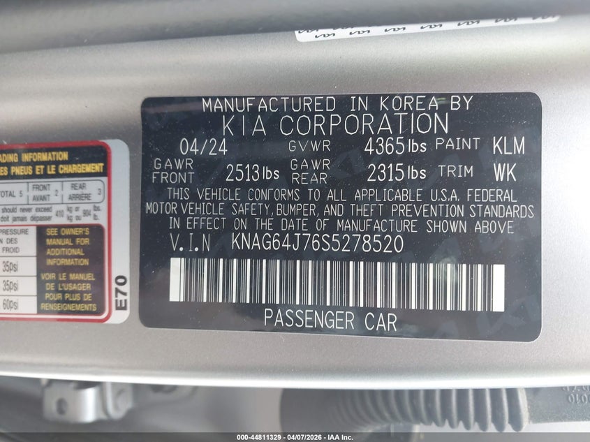 2025 Kia K5 VIN KNAG64J76S5278520 IAAI salvage auction — FRONT END, Salvage Title, sold $9,500 on 2026-07-29 (photo 9)