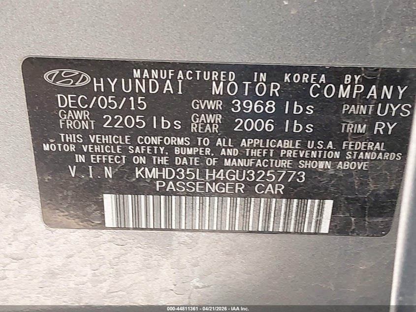 2016 Hyundai Elantra VIN KMHD35LH4GU325773 IAAI salvage auction — MECHANICAL, Salvage (Texas), sold $425 on 2026-07-14 (photo 9)
