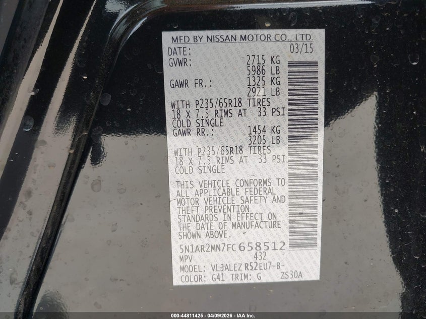 2015 Nissan Pathfinder VIN 5N1AR2MN7FC658512 IAAI salvage auction — FRONT END, Original (Texas), sold $1,575 on 2026-07-06 (photo 9)