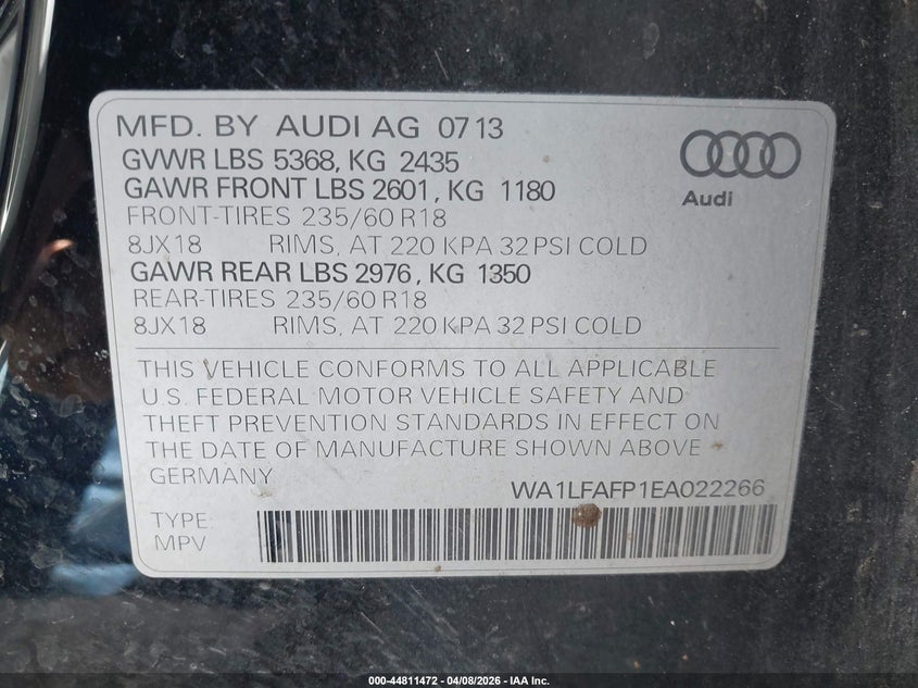 2014 Audi Q5 VIN WA1LFAFP1EA022266 IAAI salvage auction — FRONT END, Original (Texas), sold $425 on 2026-07-28 (photo 9)