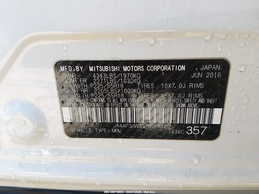 2016 Mitsubishi Outlander VIN JA4AP3AW3GZ055322 IAAI salvage auction — RIGHT FRONT, Salvage Title, sold $2,825 on 2026-07-15 (photo 9)