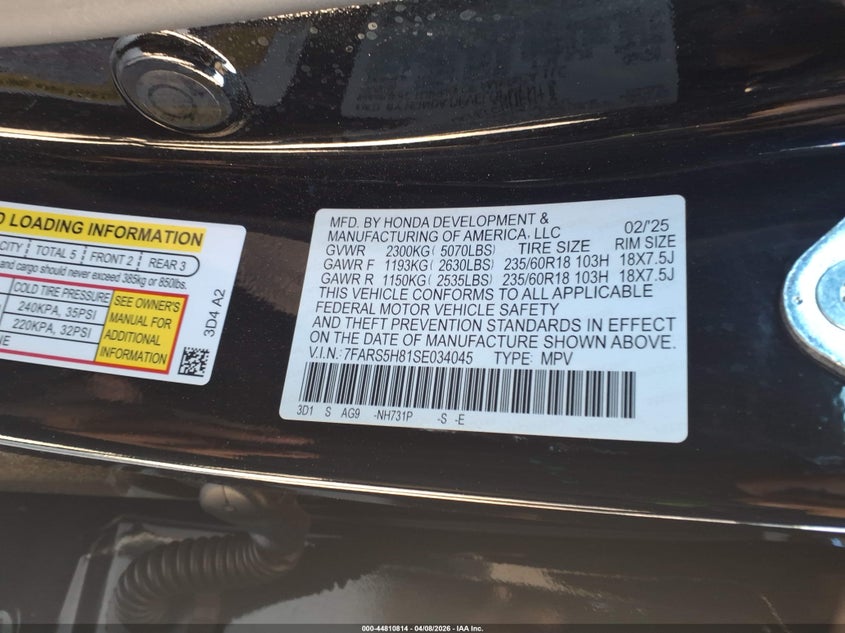 2025 Honda Cr-v VIN 7FARS5H81SE034045 IAAI salvage auction — FRONT END, Salvage Title, sold $17,500 on 2026-07-06 (photo 9)