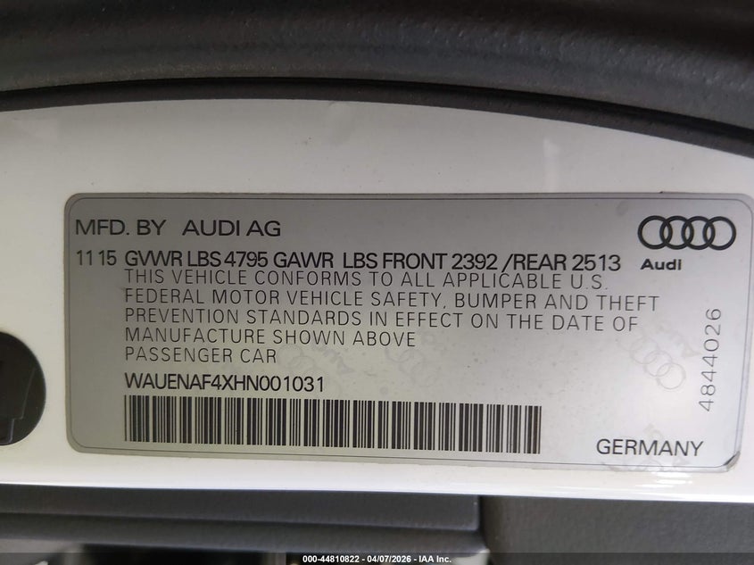2017 Audi A4 VIN WAUENAF4XHN001031 IAAI salvage auction — RIGHT SIDE, Salvage (Missouri), sold $3,100 on 2026-07-13 (photo 9)