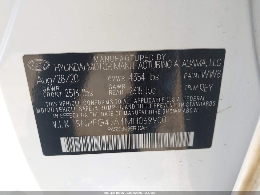 2021 Hyundai Sonata VIN 5NPEG4JA4MH069900 IAAI salvage auction — FRONT END, Salvage Title, sold $1,850 on 2026-07-13 (photo 9)