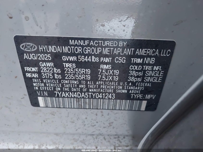 2026 Hyundai Ioniq 5 VIN 7YAKN4DA5TY041243 IAAI salvage auction — FRONT END, Original (Texas), sold $14,350 on 2026-08-20 (photo 9)