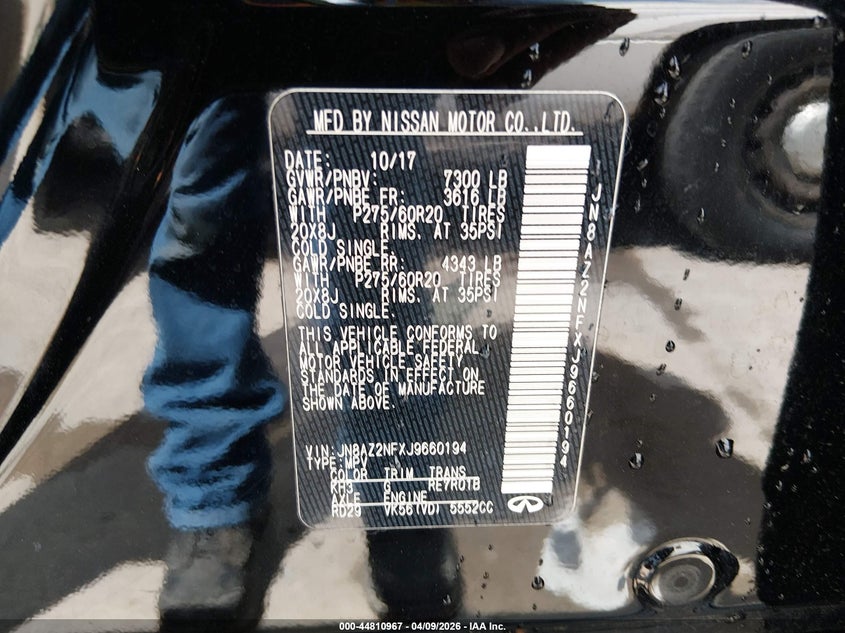 2018 Infiniti Qx80 VIN JN8AZ2NFXJ9660194 IAAI salvage auction — FRONT END, Salvage Title, sold $7,200 on 2026-08-03 (photo 9)