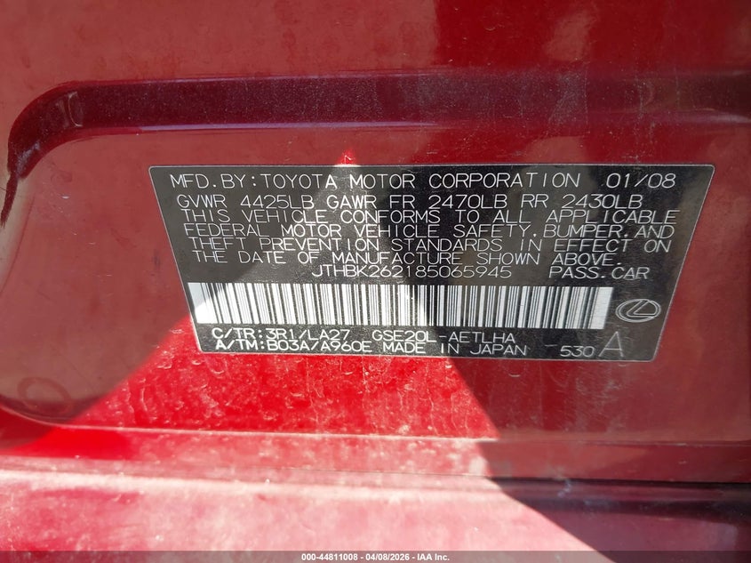 2008 Lexus Is VIN JTHBK262185065945 IAAI salvage auction — BIO HAZARD, Clear (Indiana), sold $225 on 2026-07-09 (photo 9)