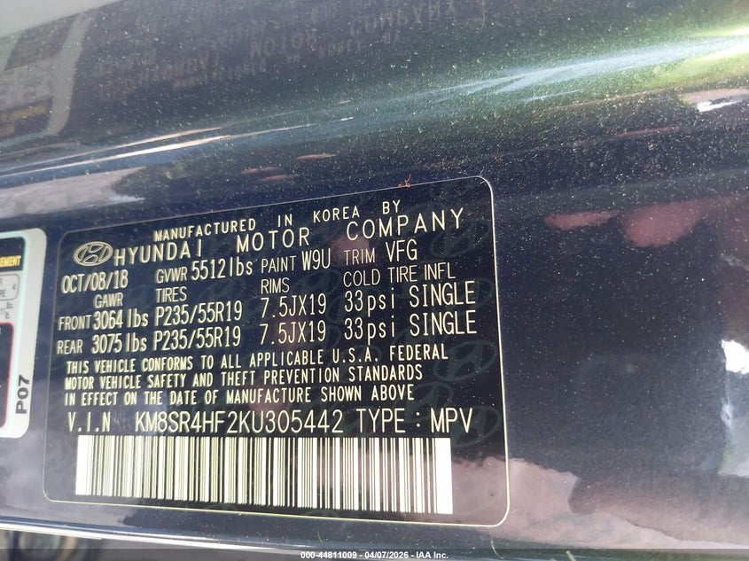 2019 Hyundai Santa fe VIN KM8SR4HF2KU305442 IAAI salvage auction — LEFT FRONT, Clear (Oklahoma), sold $5,550 on 2026-07-15 (photo 9)