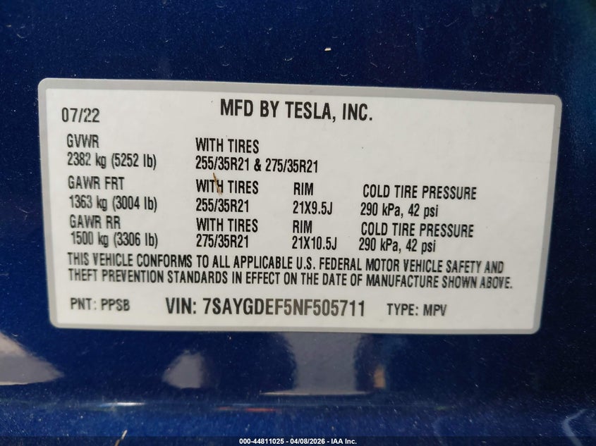 2022 Tesla Model y VIN 7SAYGDEF5NF505711 IAAI salvage auction — ROLLOVER, Original (Texas), sold $4,000 on 2026-07-29 (photo 9)