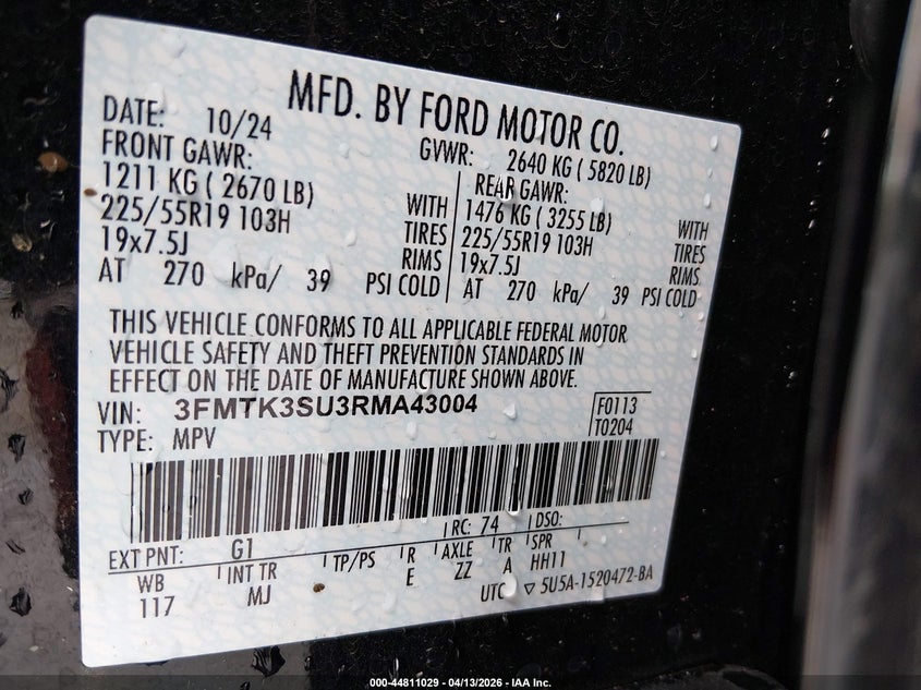 2024 Ford Mustang mach-e VIN 3FMTK3SU3RMA43004 IAAI salvage auction — LEFT SIDE, Salvage Title, sold $11,800 on 2026-07-30 (photo 9)