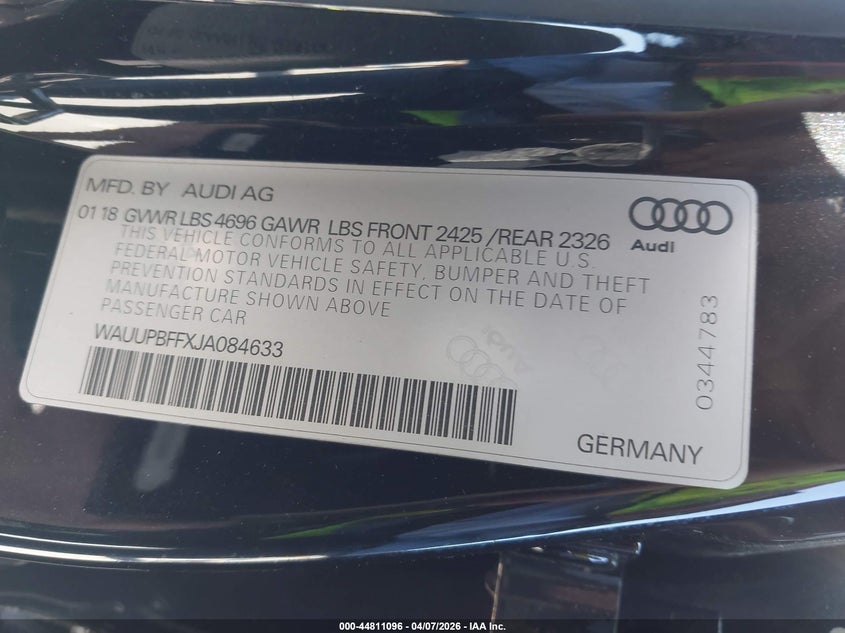 2018 Audi A3 VIN WAUUPBFFXJA084633 IAAI salvage auction — FRONT END, Salvage (California), sold $3,250 on 2026-07-29 (photo 9)