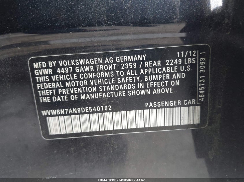 2013 Volkswagen Passat cc VIN WVWBN7AN9DE540792 IAAI salvage auction — FRONT END, Salvage Title, sold $325 on 2026-08-03 (photo 9)