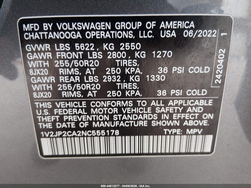2022 Volkswagen Atlas VIN 1V2JP2CA2NC555178 IAAI salvage auction — RIGHT SIDE, Original (Texas), sold $10,200 on 2026-08-25 (photo 9)