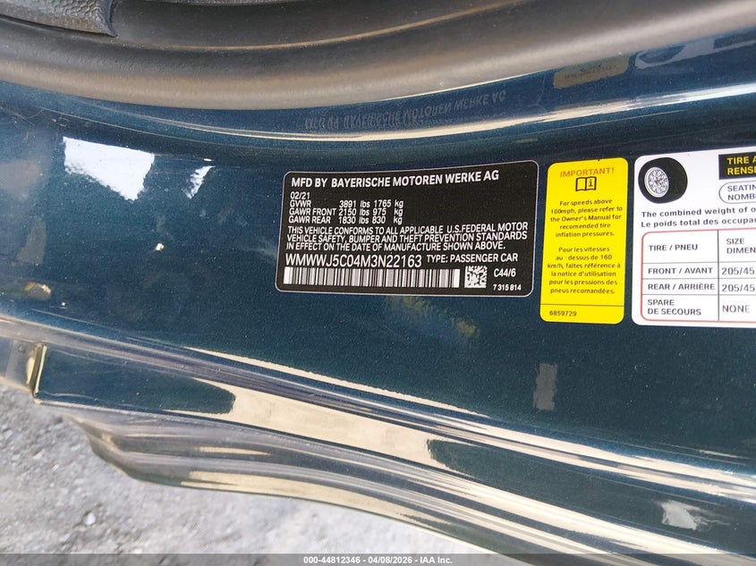 2021 Mini Convertible VIN WMWWJ5C04M3N22163 IAAI salvage auction — FRONT END, Salvage (New Jersey), sold $4,250 on 2026-08-10 (photo 9)