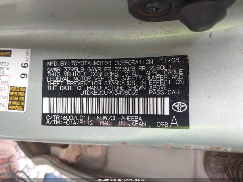 2009 Toyota Prius VIN JTDKB20U993498065 IAAI salvage auction — REAR END, Salvage (Texas), sold $300 on 2026-07-16 (photo 9)